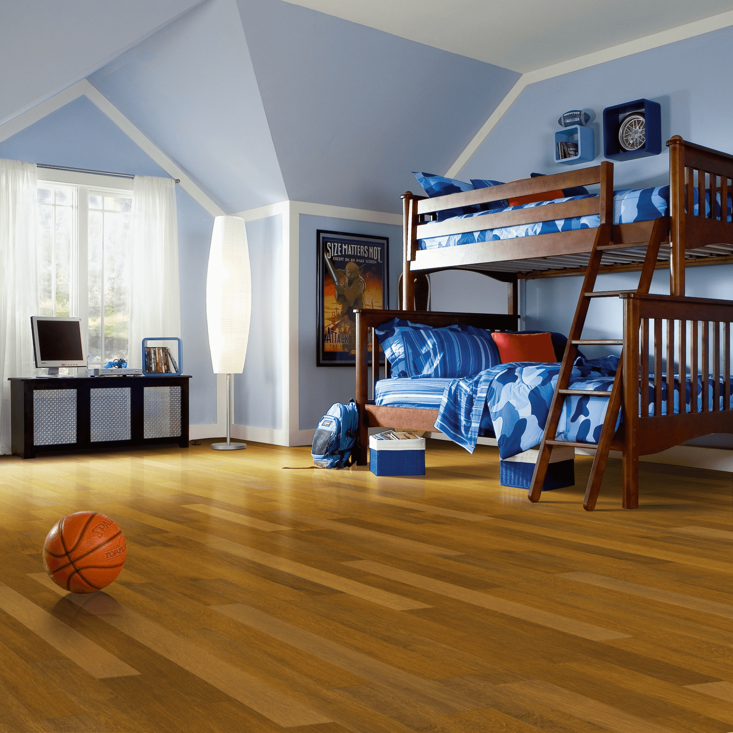 Kids bedroom with bunk beds and wood flooring featured